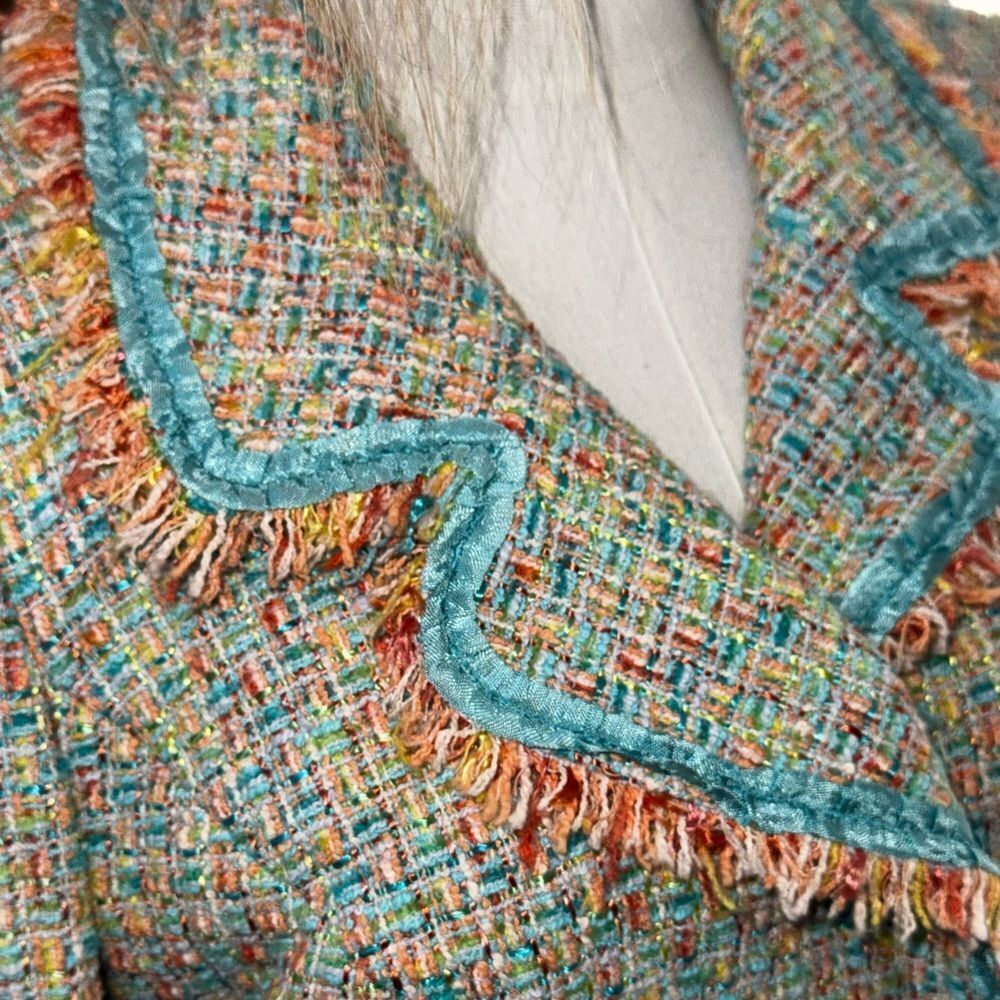 Cynthia Steffe Tweed Fringe Cropped Blazer Teal Orange Multi-Color Jacket NWT S - Picture 7 of 15
